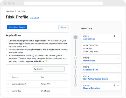 Risk profile screen where users can prioritize a set of Duo-protected applications, user groups, and locations/IPs.