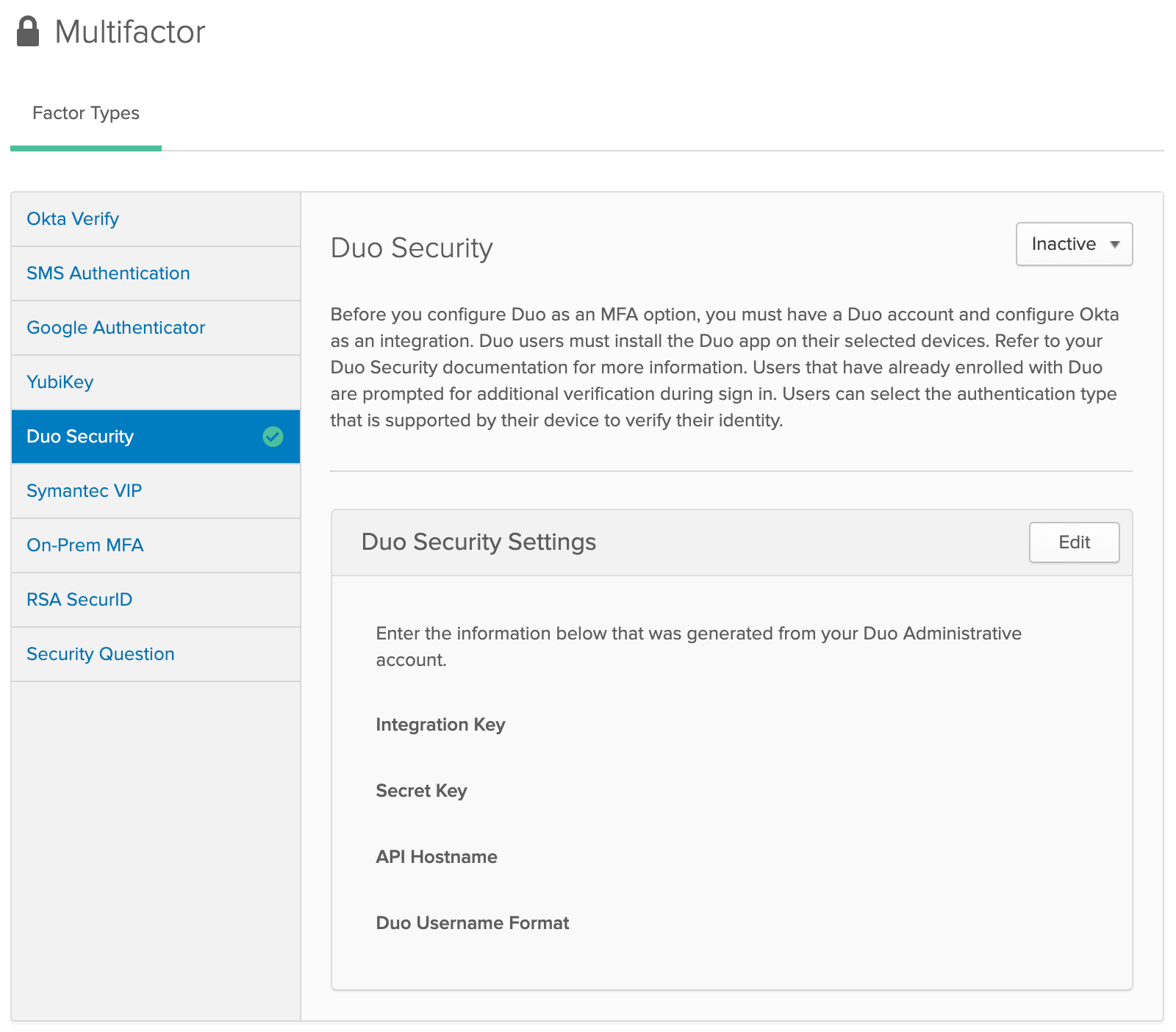 Okta Authentication Settings