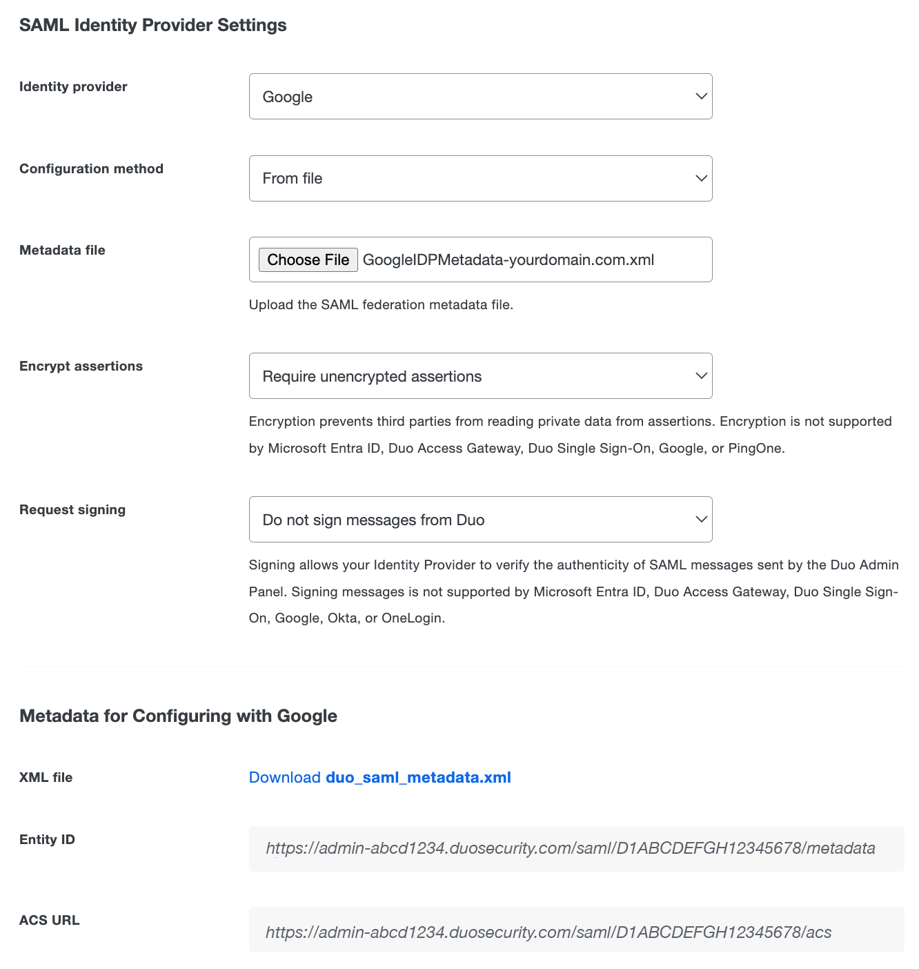 Duo Admin Panel Google SAML Identity Provider Settings