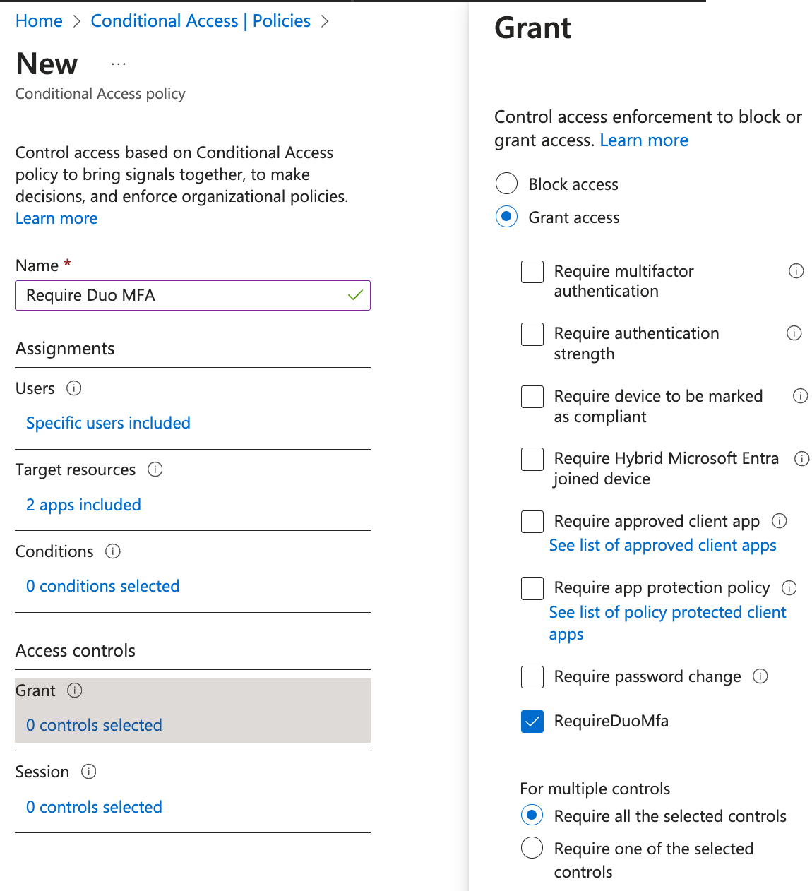 Duo Entra ID CA Policy Grant Access with Duo