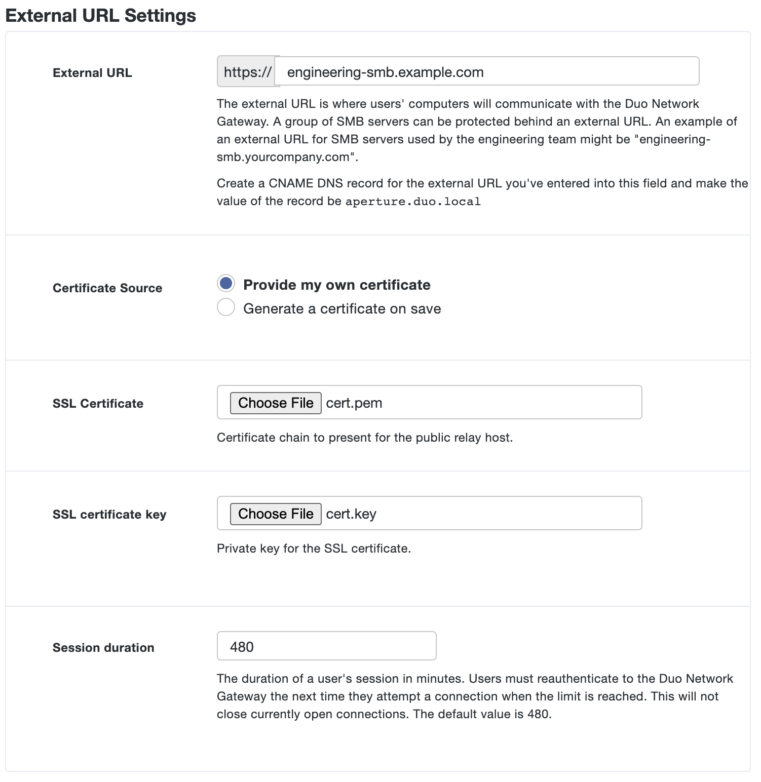 Configure External Website settings for Duo Network Gateway SMB server