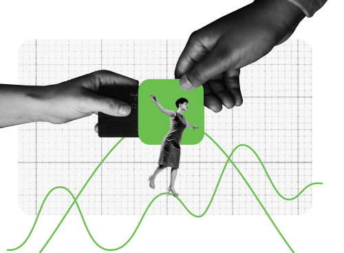 Retail transaction cybersecurity product and eCommerce professional balancing on data graph