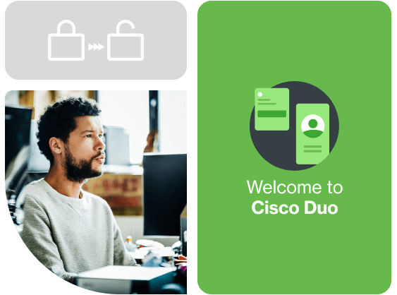 Person sitting at desktop. Icons indicating login access to Duo is securely managed as they onboard devices.