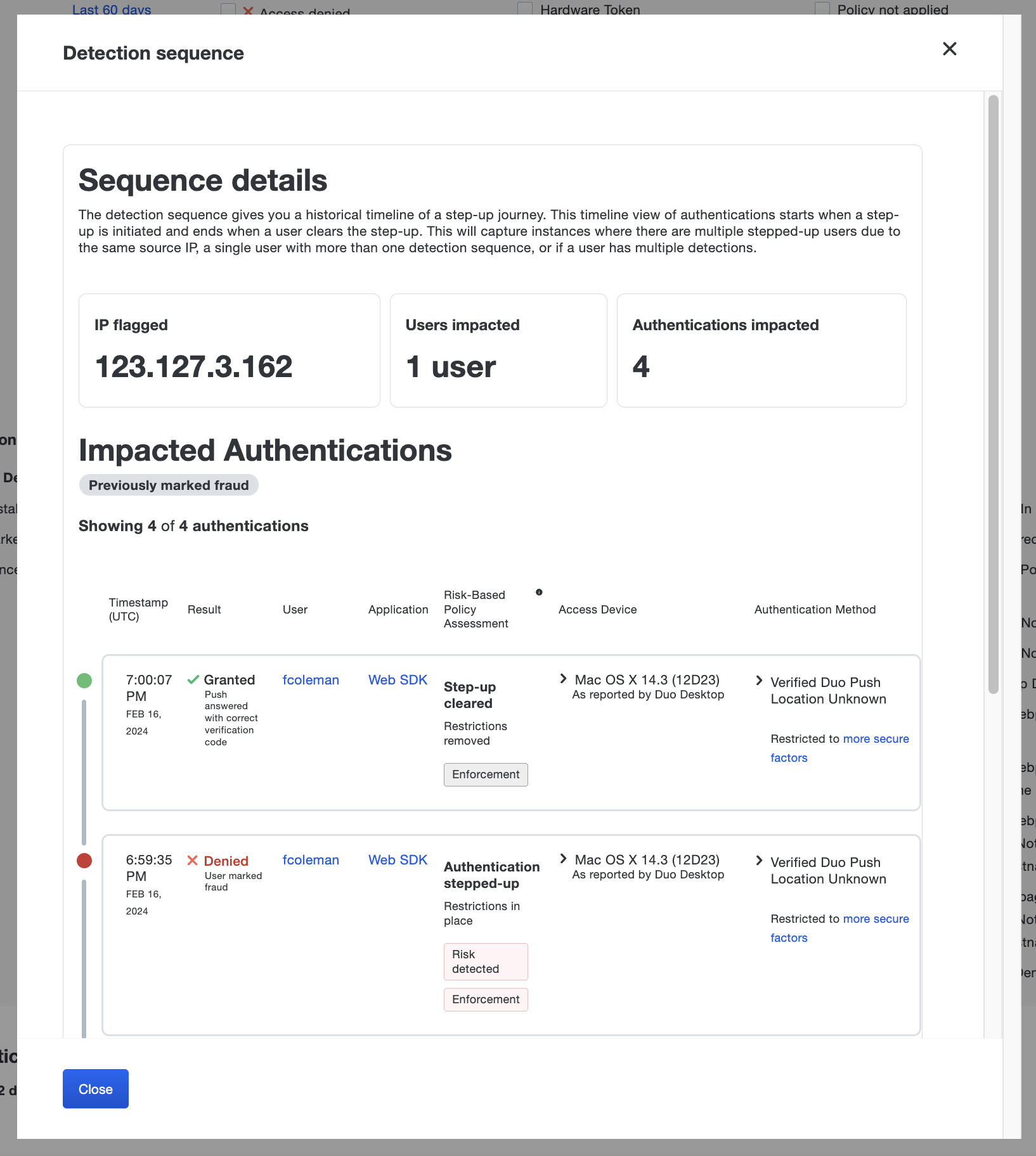 Duo Risk-Based Authentication Risk Assessment Detection Sequence example