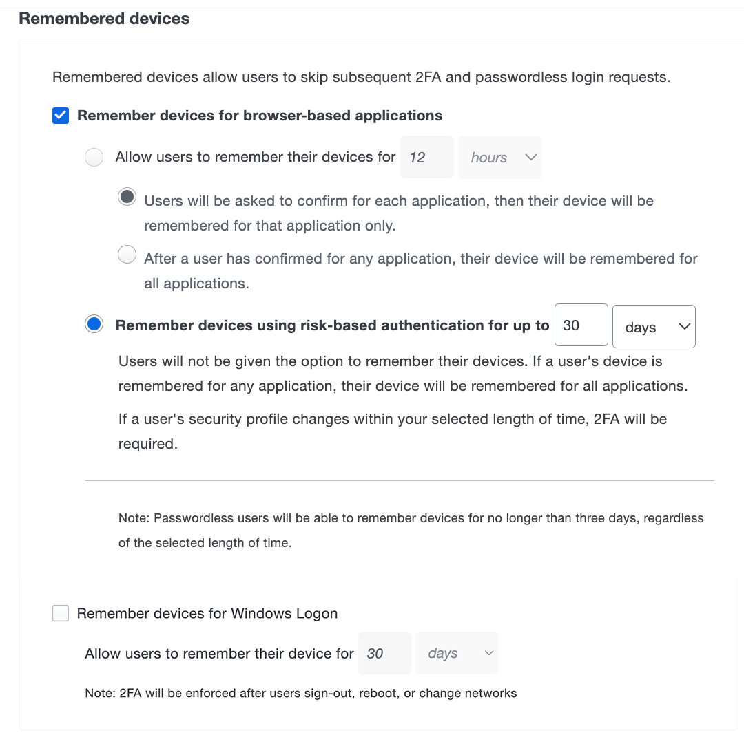 Duo Risk-Based Remembered Devices Policy Enabled