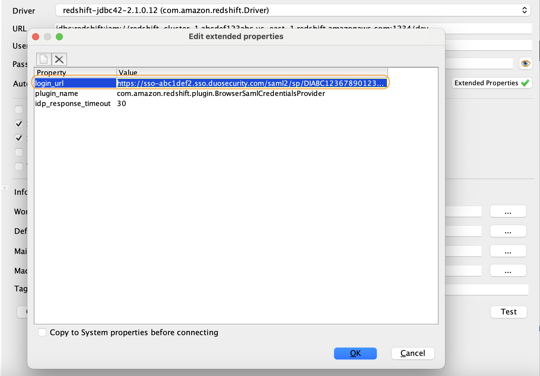 AWS Redshift SQL Workbench/J Edit Extended Properties Window