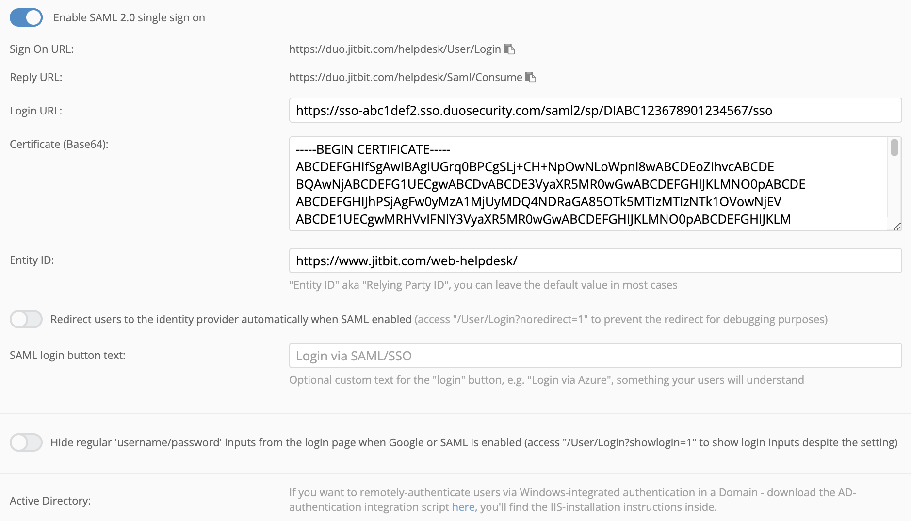 Jitbit Enable SAML 2.0 SSO Section